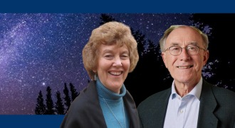 John Grim and Mary Evelyn Tucker against an image of a night sky