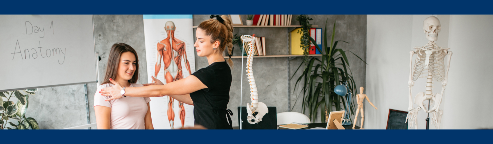 Class where professor is showing muscles and skeleton of full body