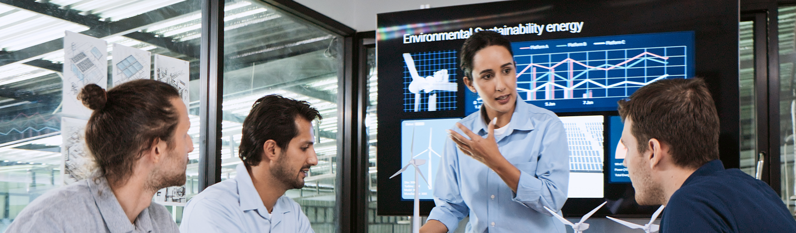 Environmentalists in a meeting with presentation on screen. 