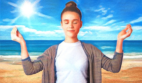 Dr. Laurie Santos newest course The Science of Well-Being for Teens/Woman Meditating on Beach