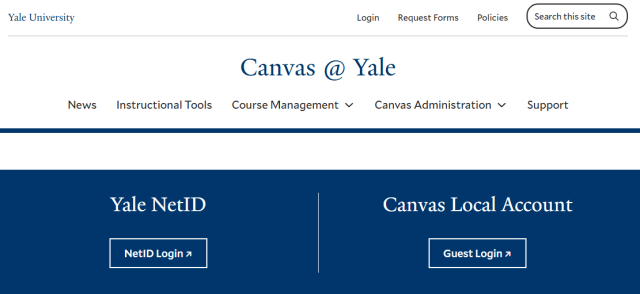 Yale User Canvas Login Screen