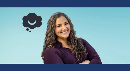 Laurie Santos Headshot with Teal Background and Think Bubble